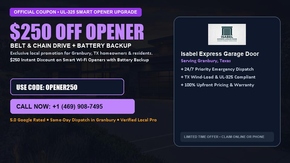 Isabel Express Garage Door $250 OFF Premium LiftMaster Opener Installation in Granbury, TX