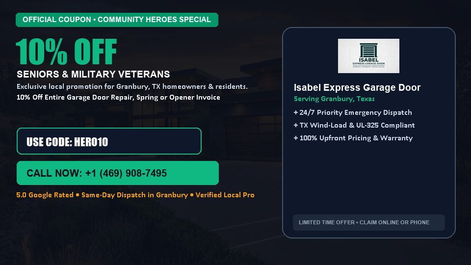 Isabel Express Garage Door 10% OFF Seniors & Military Veterans in Granbury, TX